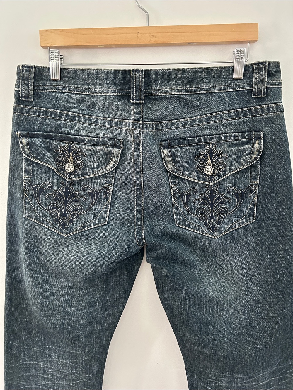 Vintage Division E Y2K Bootcut Jeans Men's 34 Wing Pocket Embroidered Dark Blue